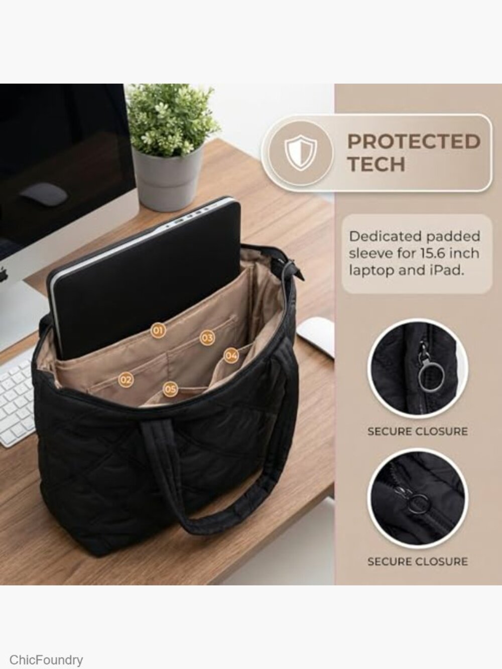 Lightweight Puffy Tote Bag with Laptop Compartment, Zip Closure, Crossbody - Picture 5 of 6